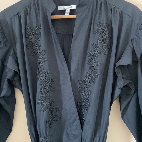 DEREK LAM 10 CROSBY- Floral Embroidery Black Long Sleeve Wrap Romper - Picture 14 of 16